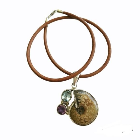 NEW Sterling Silver Ammonite fossil  topaz amethyst pendant necklace - Picture 2 of 9